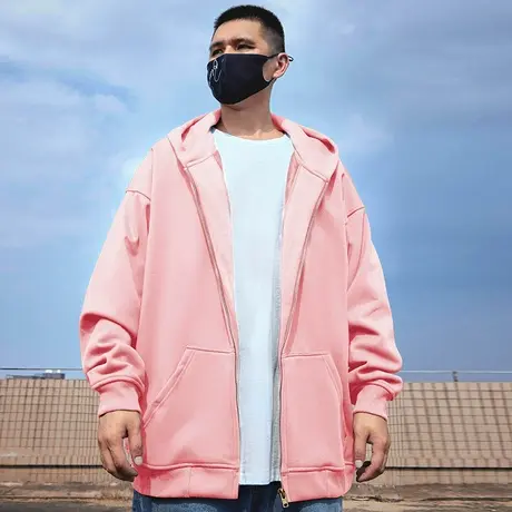 粉色加肥加大码连帽外套男女同款拉链卫衣加绒休闲百搭纯棉夹克潮商品大图