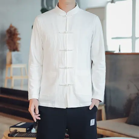 秋季新款长袖唐装男大码休闲衬衫中国风立领棉麻衬衣纯色盘扣外套图片