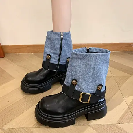 超火拼接粗跟机车靴女2023年秋季新款圆头皮带扣侧拉链小个子短靴商品大图