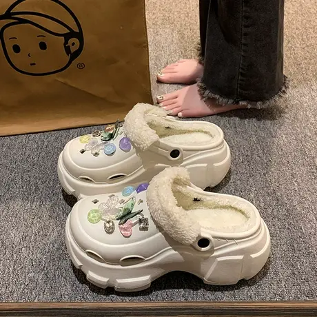 洞洞鞋女款2023新款外穿秋冬季厚底增高防滑保暖包头棉拖鞋仙女风商品大图