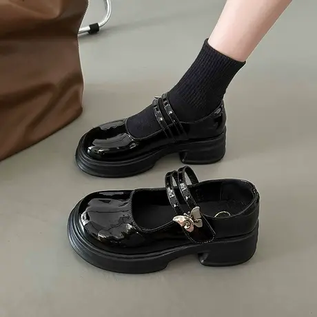 法式职业玛丽珍鞋女2023年新款夏季圆头魔术贴粗跟厚底复古小皮鞋商品大图