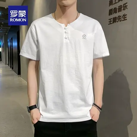 罗蒙男士短袖T恤夏季薄款纯棉印花中国风V领唐装冰丝上衣服半袖体图片