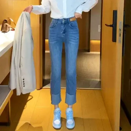 高腰翻边直筒牛仔裤女宽松设计感2023春装新款复古九分裤烟管裤潮商品大图