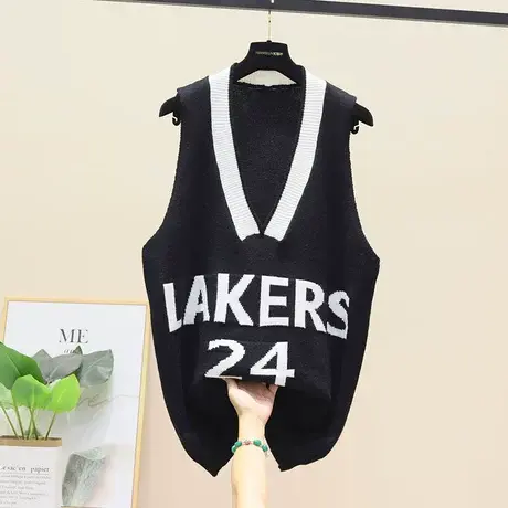 针织马甲女V领拼色毛衣背心2023新款秋季中长款宽松大版外搭上衣图片