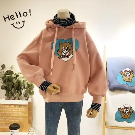 2019秋冬韩国东大门ulzzang小熊连帽加绒卫衣半高领条纹卫衣保暖商品大图