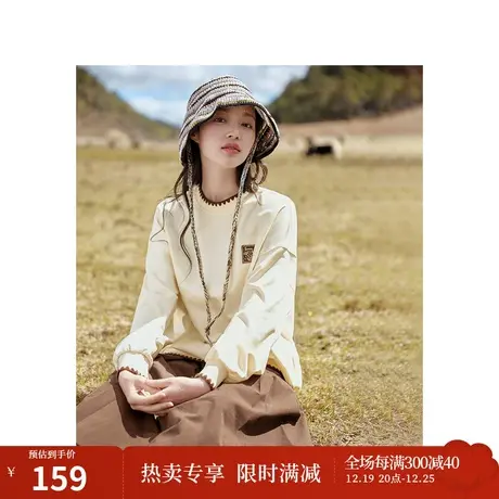 茵曼休闲棉质卫衣2023秋女装新款绣花圆领落肩长袖宽松百搭上衣图片