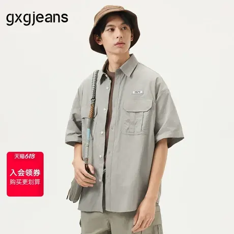 gxg.jeans男装 浅灰色工装口袋设计宽松短袖衬衫男士 25年夏新品图片