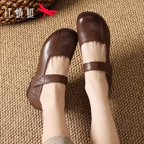 红蜻蜓女鞋春秋真皮妈妈鞋魔术贴皮鞋中老年软皮软底舒适平底单鞋商品大图