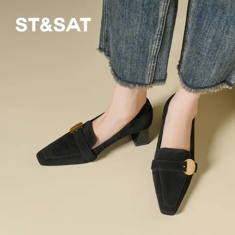 St&Sat/星期六浅口女单鞋2025新款夏款百搭复古女鞋一脚蹬高跟鞋商品大图
