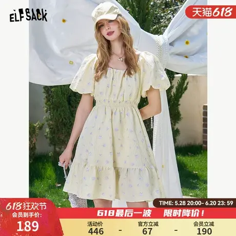 妖精的口袋法式方领泡泡袖碎花连衣裙女2025年夏季新款度假风裙子图片