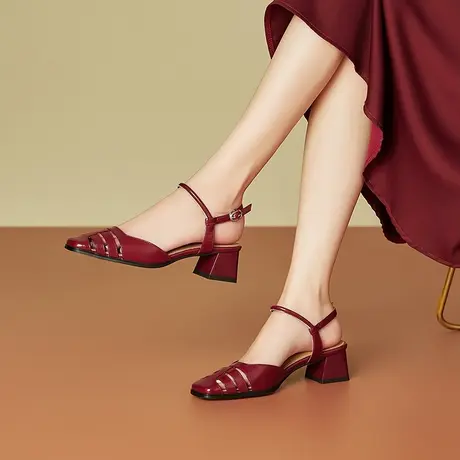 夏季新款真皮百搭镂空单鞋包头凉鞋牛皮复古风粗跟高档鞋商品大图