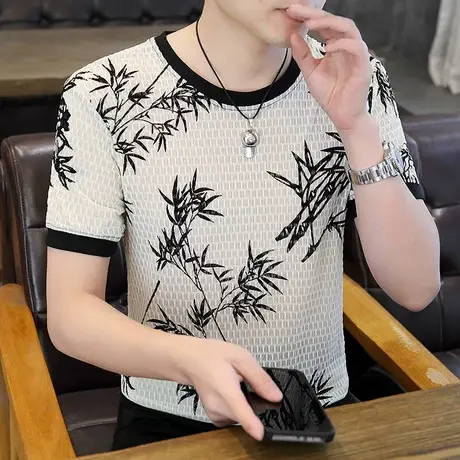 冰丝短袖T恤男士夏季网眼镂空速干体恤ins潮牌新中式凉感半袖上衣商品大图