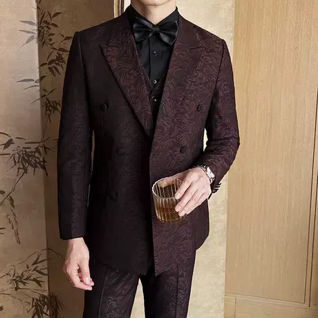 双排扣暗纹提花晚宴西装男2025春夏套装西服三件套结婚新郎礼服潮图片