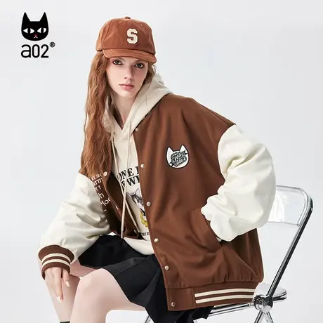 a02多巴胺毛呢棒球服外套2023秋季新款宽松拼接休闲运动上衣外套商品大图