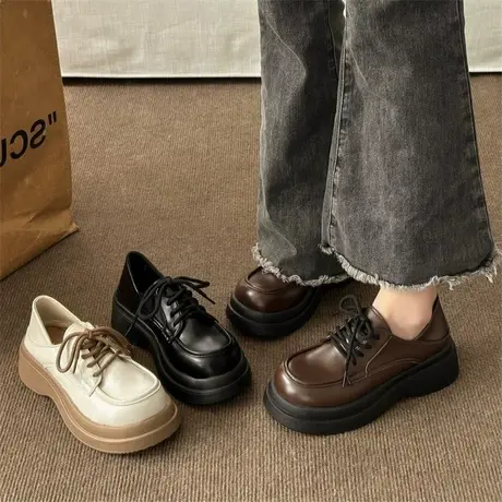 英伦风小皮鞋女2023年新款春秋季黑色单鞋百搭鞋子厚底增高乐福鞋商品大图