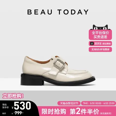 BeauToday粗跟乐福鞋女款2025夏季新款BT孟克鞋白色英伦风小皮鞋图片