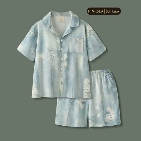 Pinksea冰丝男士睡衣夏季牛仔风短袖短裤套装2025新款夏天家居服商品大图