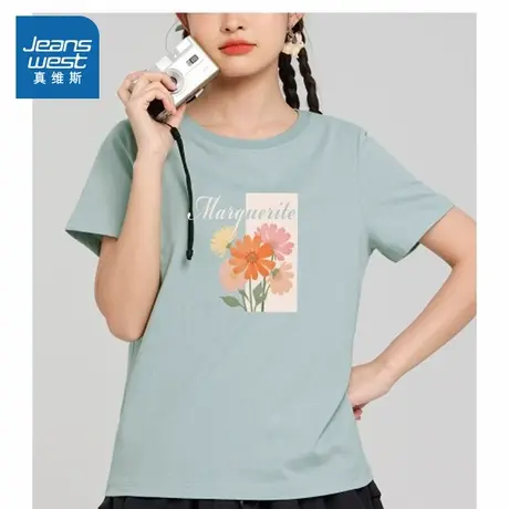DE真维斯女装2024夏季新款 个性花朵印花纯棉薄款短袖T恤女士上衣商品大图