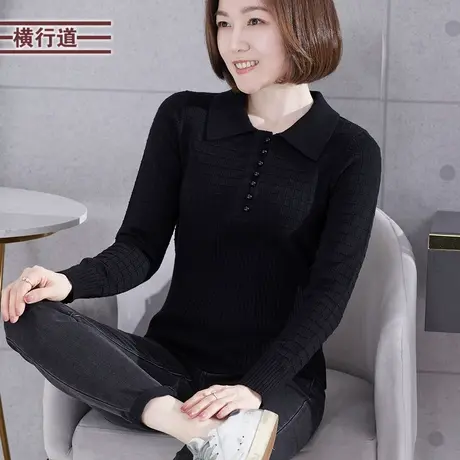 2023年冬季翻领上衣套头针织衫毛衣妈妈长袖打底衫女士黑色毛衫图片