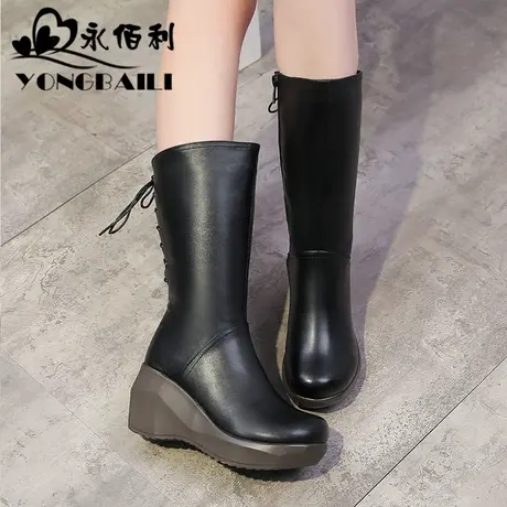 时尚休闲坡跟女靴2025秋冬新款高跟牛皮中筒靴女加绒棉皮鞋女鞋商品大图