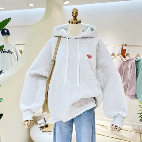 2023春秋百搭简约爱心刺绣宽松大码拼接白边假两件连帽卫衣女外套商品大图