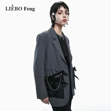 裂帛LIEBOFeng商场同款2023春季新品小众设计感链条灰色西装外套图片