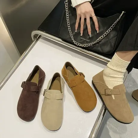 丑萌单鞋女软底磨砂复古日系圆头勃肯鞋低跟一脚蹬休闲平底豆豆鞋商品大图