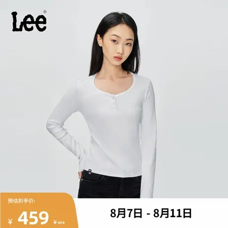 Lee商场同款25秋冬新品修身版V领金属环揿钮设计白色女长袖T恤图片