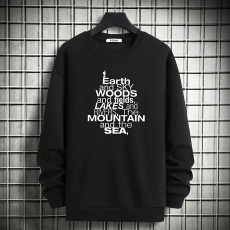 黑色卫衣男秋冬款加绒加厚圆领无帽上衣服宽松摇粒绒长袖t恤潮流商品大图