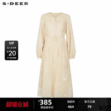 sdeer圣迪奥女装法式V领收腰网纱印花连衣裙S243Z1252图片