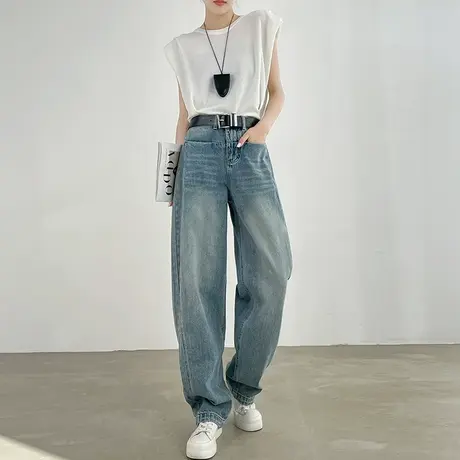 复古水洗阔腿牛仔裤女春季2025新款高腰垂感宽松直筒显瘦弯刀裤子图片
