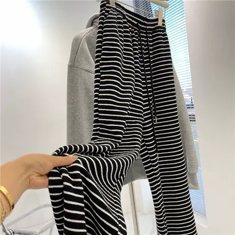 条纹阔腿直筒长裤女秋季百搭韩版宽松高腰洋气减龄运动休闲裤子图片