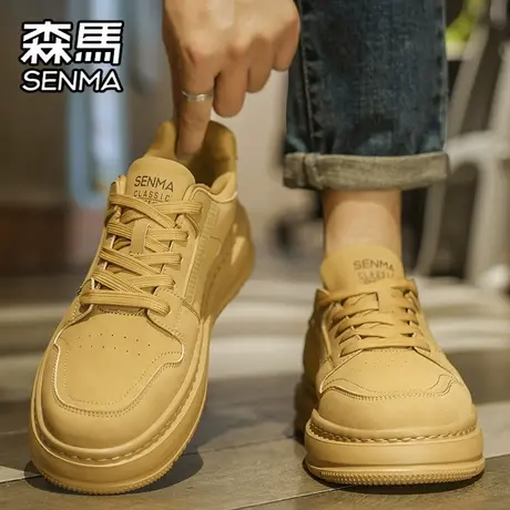 森马男鞋秋季百搭真皮防水休闲板鞋学生运动厚底增高小麦色潮鞋子商品大图