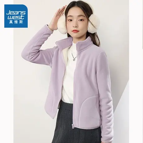 KHV真维斯紫色摇粒绒外套女秋冬季修身羊羔绒抓绒衣冲锋衣内胆女商品大图