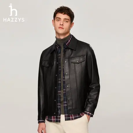 Hazzys哈吉斯男装冬季新款通勤长袖上衣休闲保暖翻领夹克皮衣外套商品大图