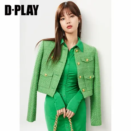 DPLAY德帕拉秋冬款安第斯绿立体玫瑰花扣高腰短款小香风外套商品大图
