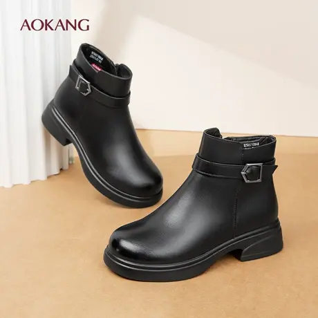 奥康 女鞋2025冬季新款真皮保暖妈妈鞋粗跟防滑加绒短靴N图片