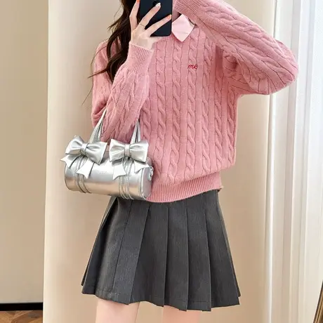唐狮秋冬毛衣女甜美温柔绞花小刺绣圆领套头春秋可外穿可爱潮tu图片