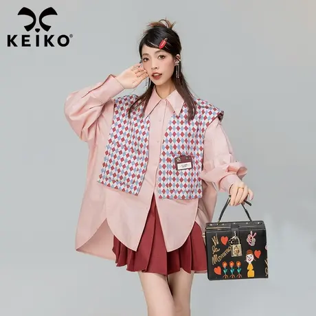 KEIKO 小众设计假两件式马甲衬衫女2023秋冬复古独特别致宽松上衣商品大图