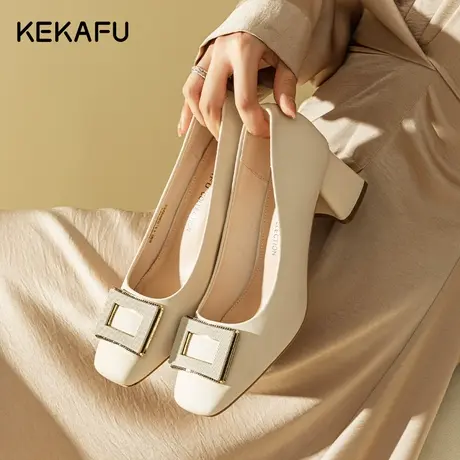 珂卡芙白色气质高跟鞋女2023新款小个子女鞋粗跟方头浅口软皮单鞋图片