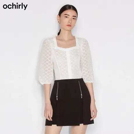 黑标系列 欧时力秋装新品绣花柯根纱方领灯笼袖上衣法式短衬衫女商品大图