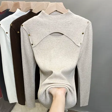 半高领毛衣女镂空打底衫2023秋冬新款套头外穿针织衫内搭修身上衣商品大图