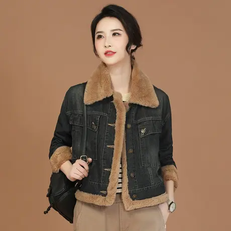 新品8.5折】复古加绒牛仔外套女短款棒球服棉衣棉服短款图片