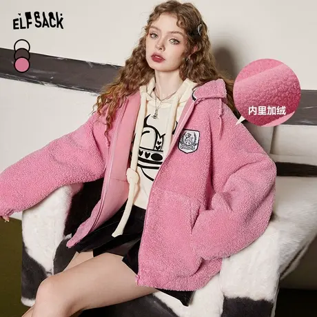 妖精的口袋毛茸茸连帽棉服女2023冬季新款小个子摇粒绒设计感外套图片