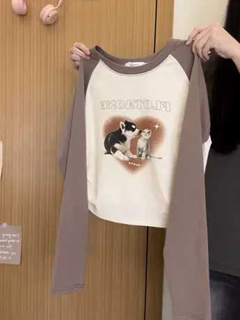 红续爱心卡通撞色插肩短款长袖T恤女复古甜酷风内搭上衣秋冬新款图片