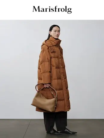 【言选好物】玛丝菲尔年秋季新款白鹅绒咖色立领长款羽绒服商品大图
