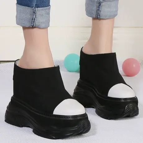 包头半拖鞋女士外穿2023新款小个子内增高帆布鞋松糕厚底高跟凉拖商品大图