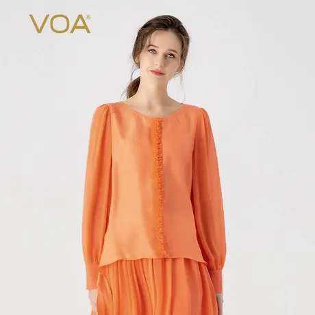 VOA桑蚕丝提花暗纹粉橙色圆领拼接乔其衬衫长袖木耳边通勤真丝T恤图片