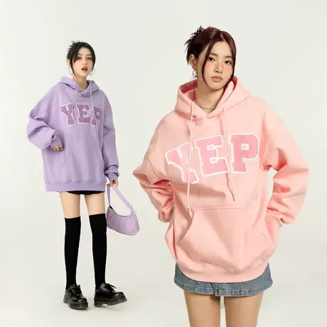 yep植绒发泡立体印花加厚卫衣女连帽春秋洋气小个子oversize潮牌图片