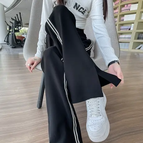 黑色微喇裤女2024春秋新款高腰垂感显瘦条纹拼接开叉休闲喇叭裤子商品大图